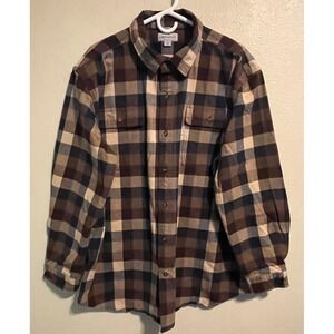 Carhartt Mens 2XL Brown Plaid Flannel Shirt Long Sleeve Button Front Workwear